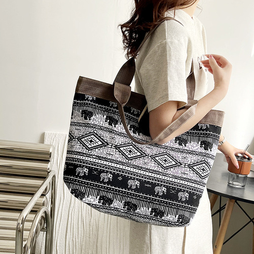 New canvas bag ethnic style large bag simple large capacity tote bag female bag student tutoring bag handbag