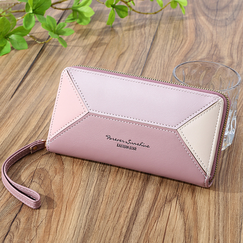 Zipper Closure Type Long Wallet Bags Type Women's Color Block Pu Leather Zipper Wallets