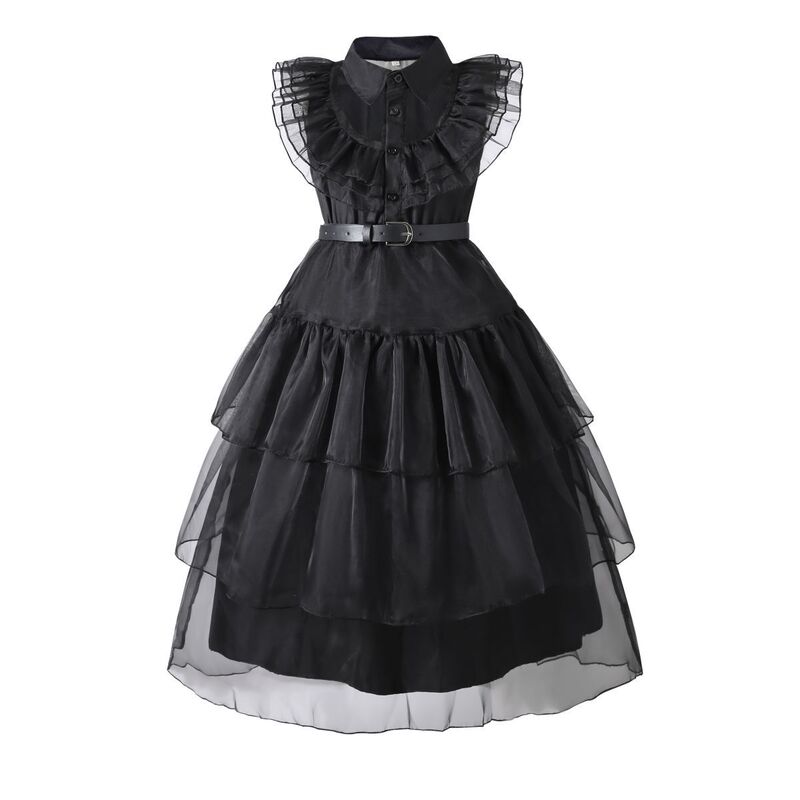 Halloween Addams Wednesday Cosplay Dress Girls' Black Dress Cross-Border Clothing Wednesday