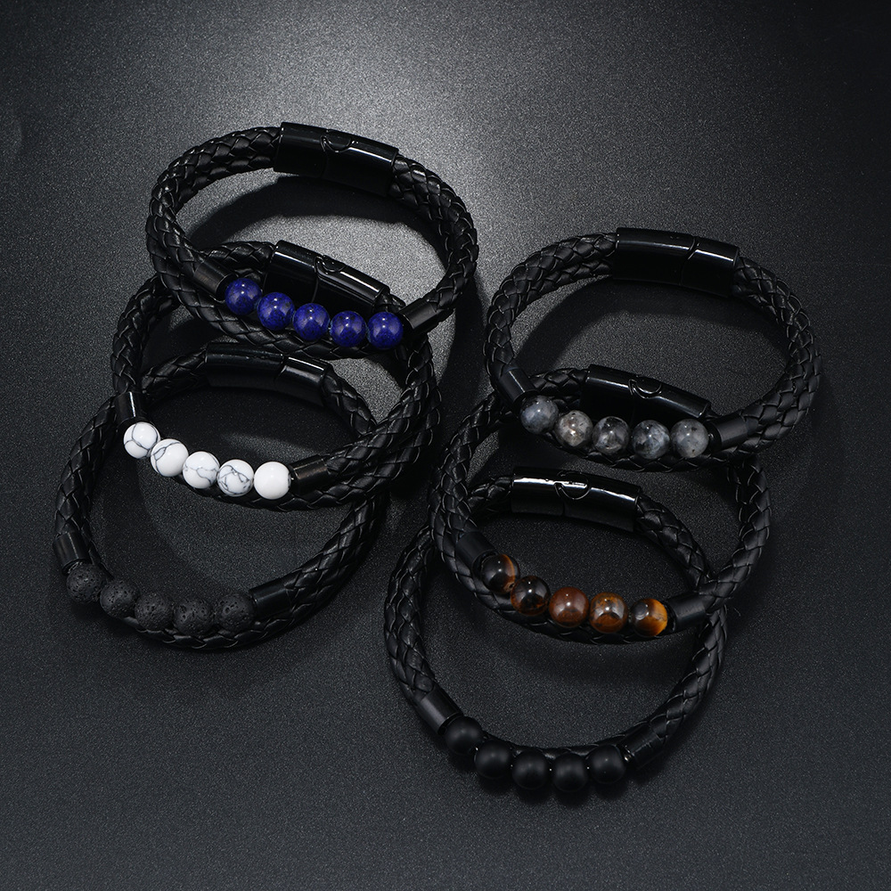 21g Weight Bangle Classification Pu Leather Chain Material 1 Piece Quantity Daily Occasion Pu Leather, Alloy Material Geometric Pattern All Seasons Season Men's Gender Beaded, Handmade Design Vintage Style, Punk Style Vintage Style Punk Geometric Pu Leather Alloy Beaded Handmade Men's Bangle Men Cord & Leather Bracelets 20