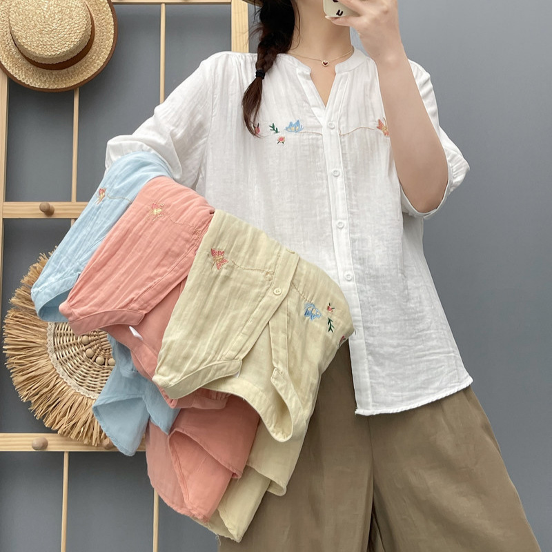 2025 Summer New Japanese Style Mori Girl Cartoon Embroidered Small Flower V-Neck Double-Layer Yarn Women's Cardigan Short Sleeve Shirt Wholesale