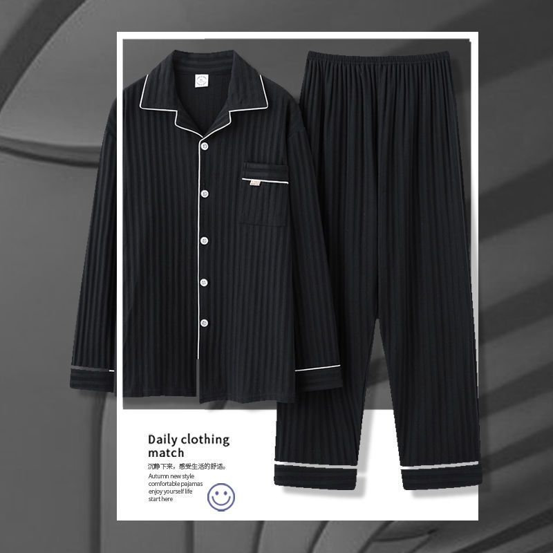 Pijama de algodón masculino primavera y otoño cardigan de manga larga suelta más grande se puede usar fuera del conjunto de ropa de casa