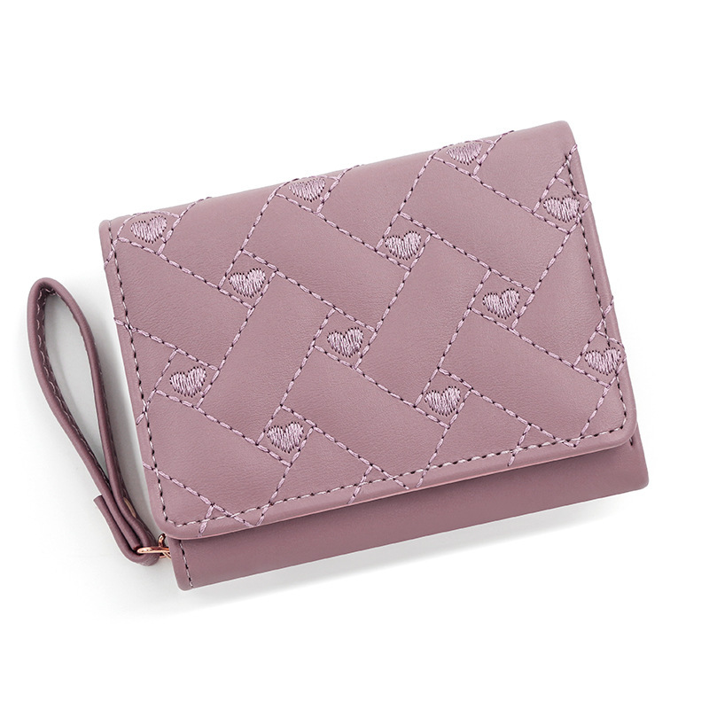 Korean Style Sweet Heart-Shaped Embroidered Women's Short Zipper Wallet Clutch Bag Solid Color Simple Coin Purse Card Bag Wholesale