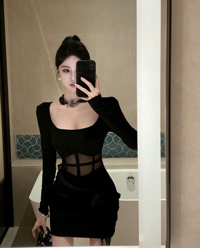 Spring clothes pure desire spicy girl sense black dress female collar slimming see-through mesh netting belly cover sexy skirt 