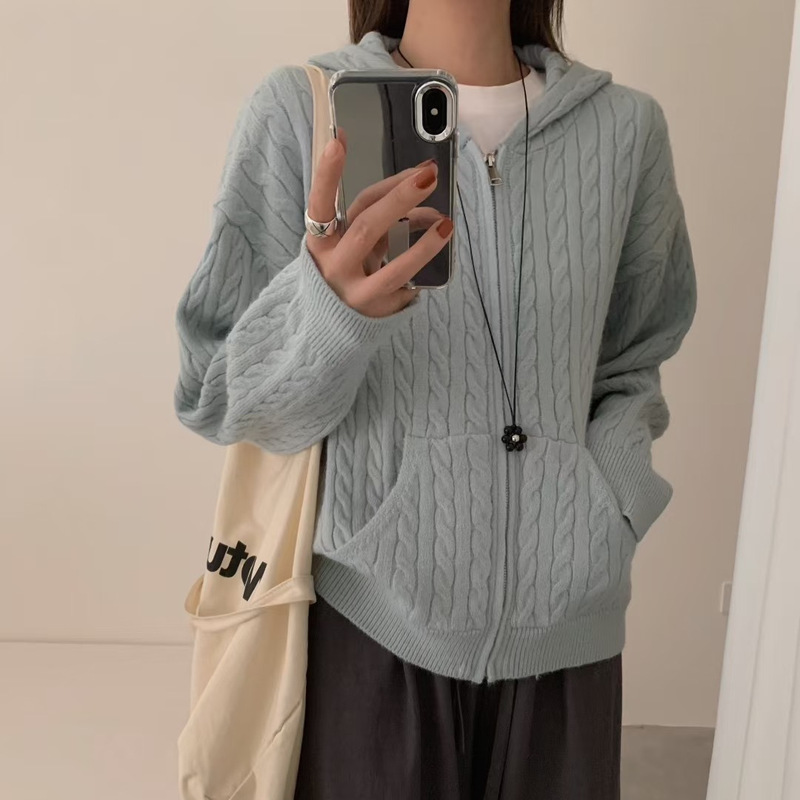 Korean Style Twist Zipper Jacket Sweater for Women in Autumn and Winter Slimming Lazy Style Soft and Waxy Temperament Knitted Cardigan Top Ready for Sale