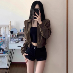 美式复古棕色短款外套女早春秋季高级感小个子宽松休闲夹克上衣潮