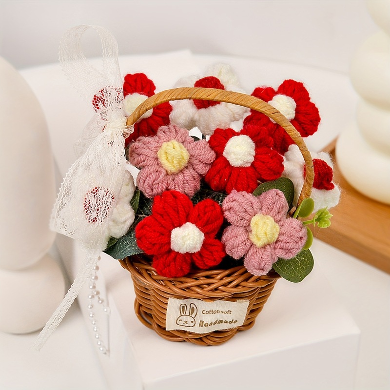 跨境爆款毛线花成品手工针织花泡芙手提篮永生花假花桌面摆件批发|undefined