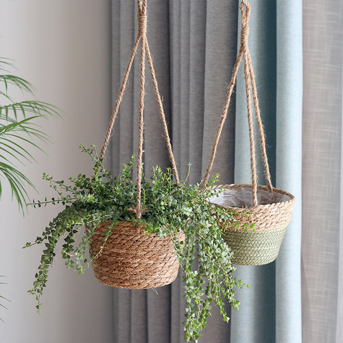 Creative Nordic style rattan flower basket hanging basket hanging pot pothos flower pot hemp rope hanging wall hanging straw decorative basket