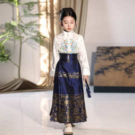 女童马面裙藏青色烫金长袖半身裙新中式高级服装古典演出表演服春