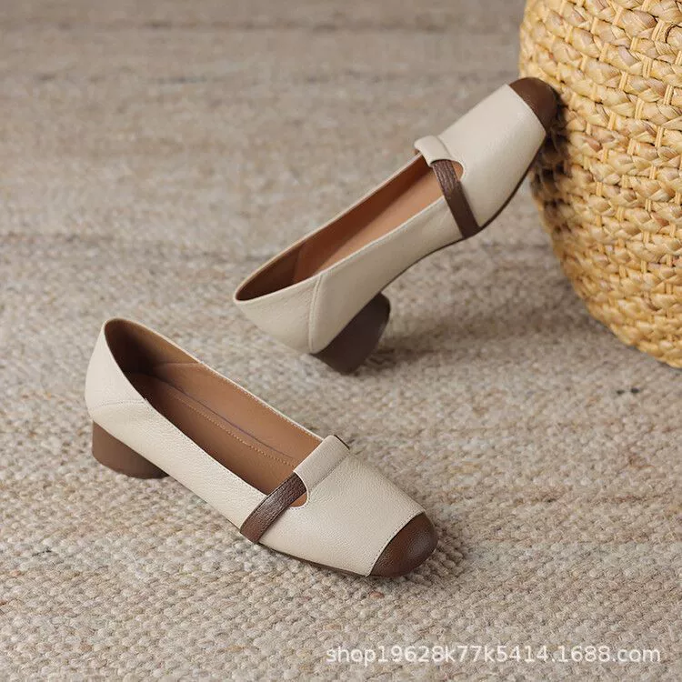 2025 весна и осень новые маленькие круглые туфли высокого класса одиночные туфли женские средние каблуки на мягком каблуке на низком каблуке настоящие мягкие кожаные ретро женские туфли