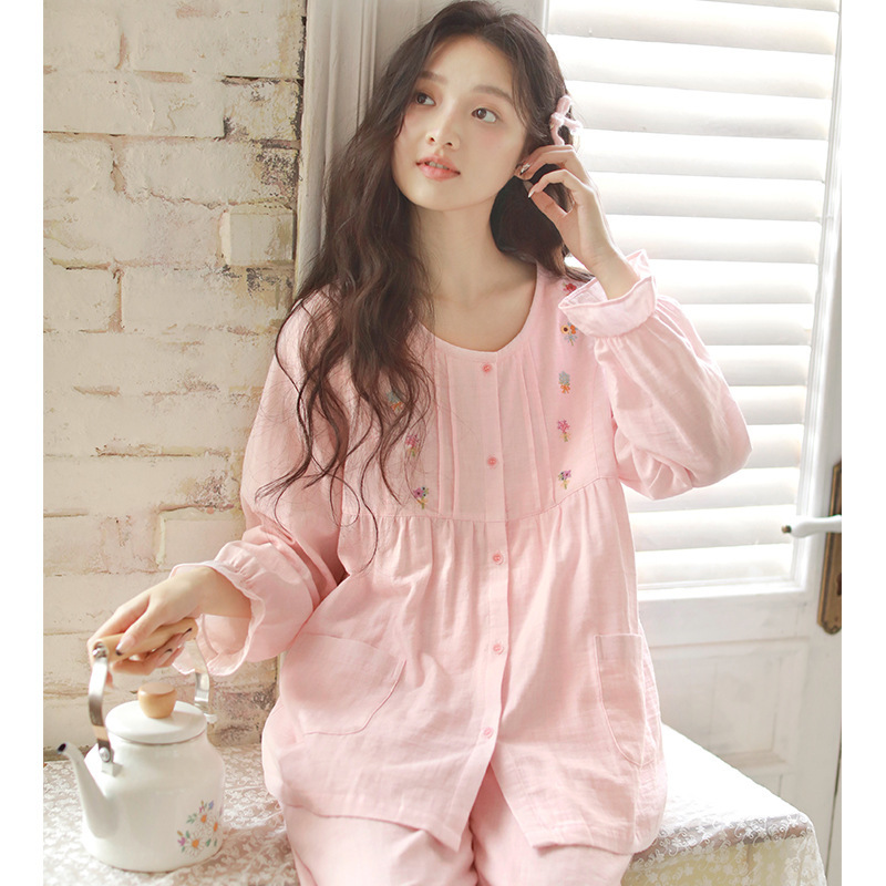Autumn Pajamas for Women, New Cotton Yarn High-Quality Embroidery, Round Neck, Sweet and Cute, Long-Sleeved Home Wear Set for Ladies 69