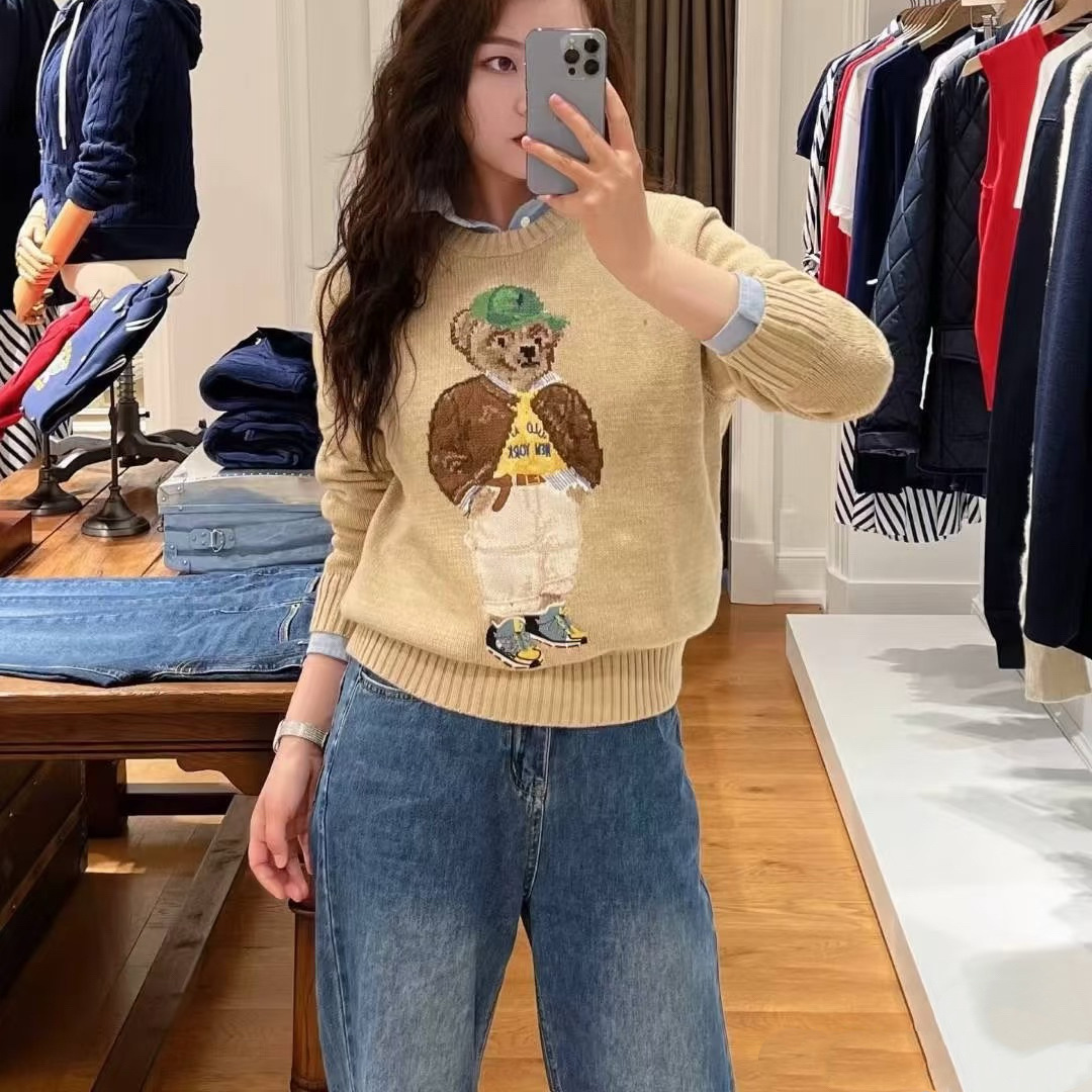 外单 秋冬新款 小众慵懒风卡通小熊刺绣长袖套头纯棉长袖针织衫