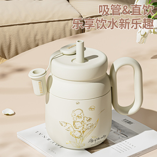 Portable handle stainless steel ceramic liner thermos cup girls office handy cup tea straw coffee cup
