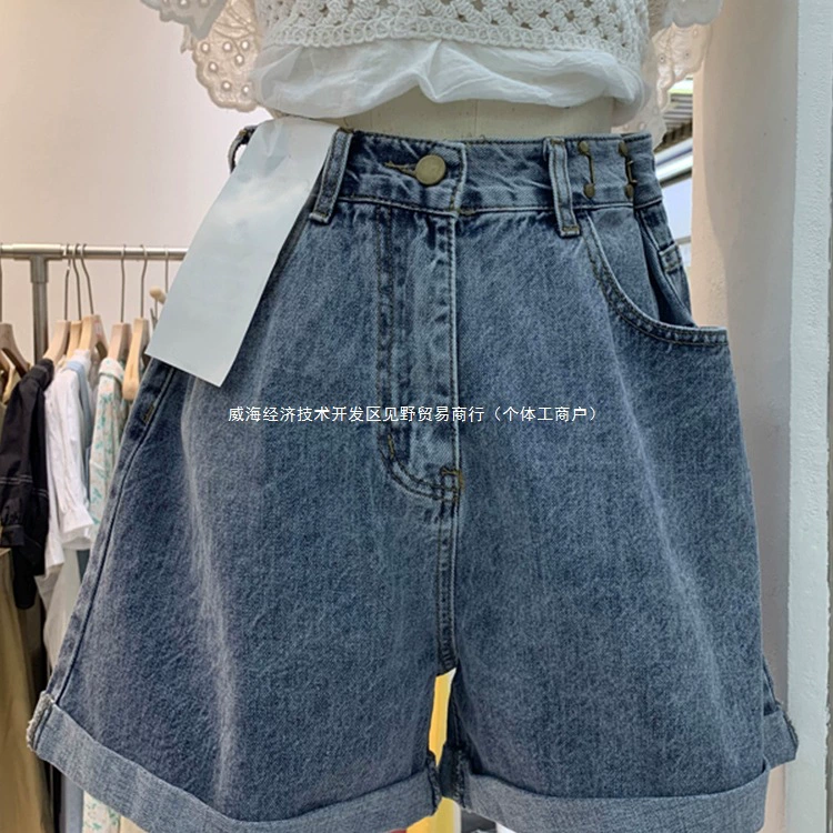 Женские летние джинсовые шорты с высокой талией в форме груши, большие размеры, широкие брюки трапециевидной формы с завитыми широкими штанинами и толстыми бедрами.