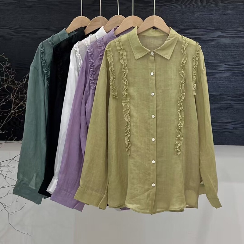 2025 Summer New Ramie Fungus Lace Stitching Loose Women's Cardigan Shirt Long Sleeve Top