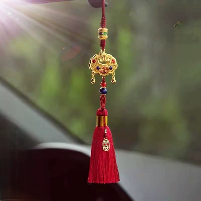 Brass Ruyi Peace Tassel Car: Car hanging - oil-dripping-fu-lock-car-pendant-burgundy