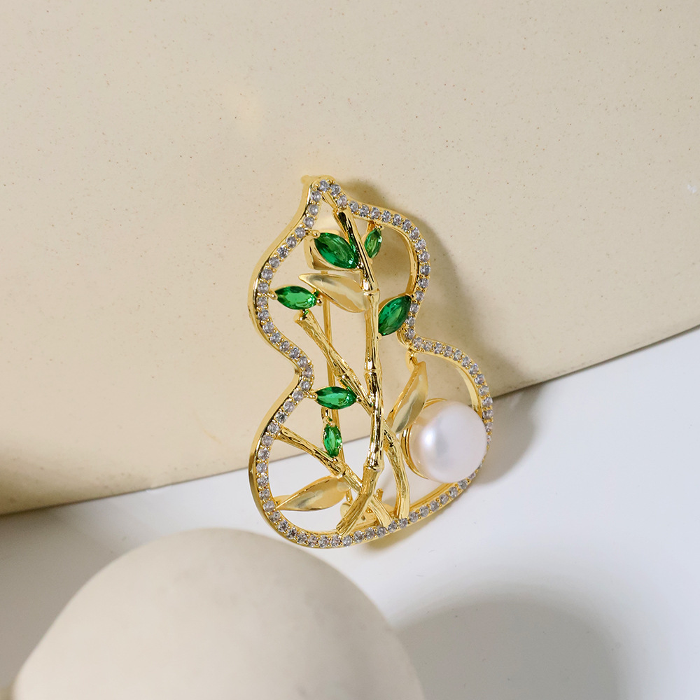 Nuevo estilo chino Fulu doble broche de calabaza de perlas naturales de bambú precioso flor de pecho exquisita accesorios de abrigo de alta calidad