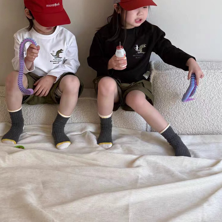 子供用カールイエローストライプソックス、消臭新スタイル、男の子と女の子用、ファッショナブルな吸汗性グレーとイエローのミッドカーフソックス、純綿ソックス|undefined