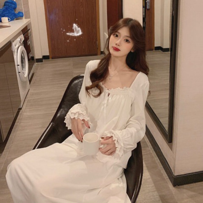 Spring and Autumn sweet princess style lace court lace long-sleeved nightdress women's loose long over-the-knee girl's home wear Spring and Autumn sweet princess style lace court lace long-sleeved nightdress women's loose long over-the-knee girl's home wear