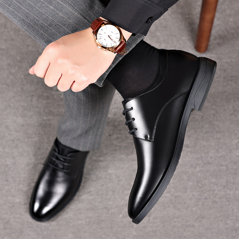 Leather Shoes Men's Genuine Leather Spring New Business Dress Shoes Men's Lace-up Black British Soft Bottom Top Layer Cowhide Men's Shoes