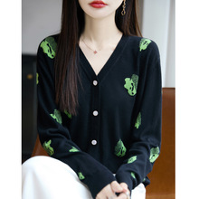 复古文艺绿色提花精仿羊毛开衫女森林系秋冬短外套小众厂家直供