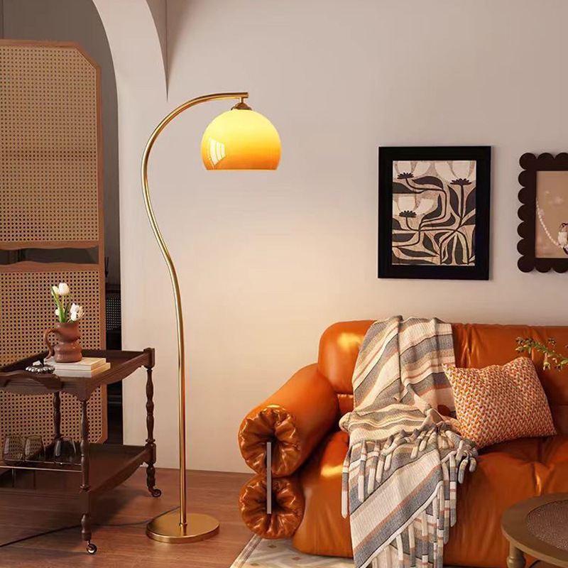 Vintage Sunset Yellow Glass Floor Lamp S-Shaped Light Luxury High-End Fishing Lamp Living Room Sofa Bedside Lamp Bedroom