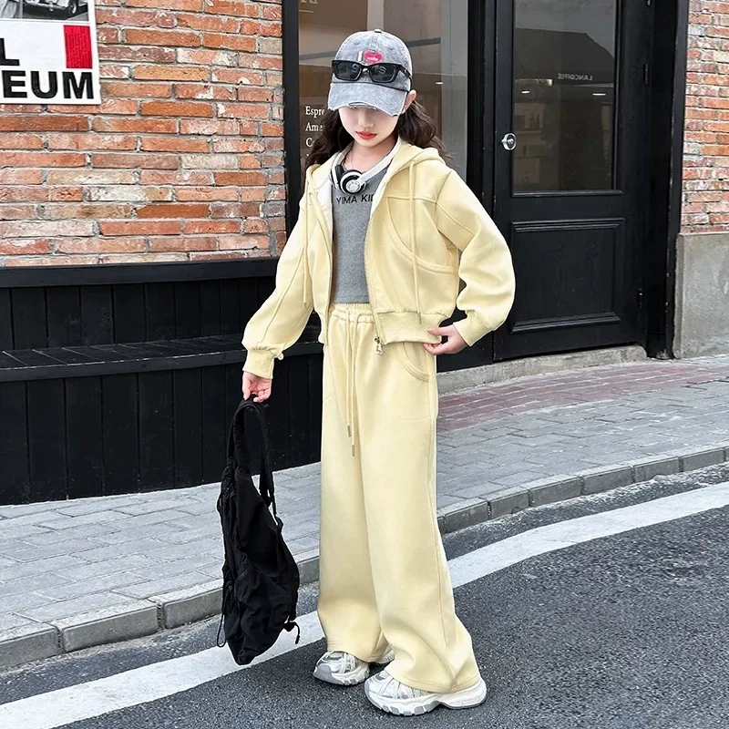 Fashionable autumn sports set for students, solid color cardigan