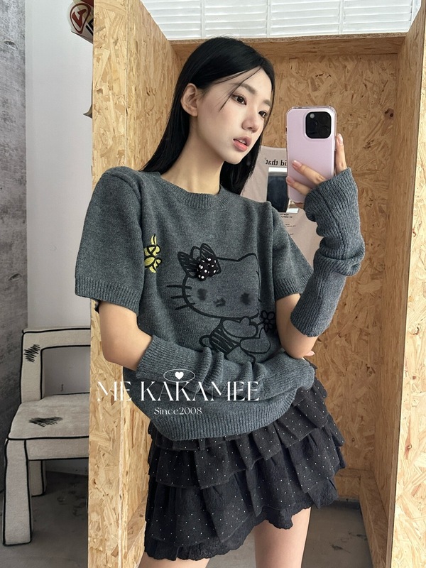 ME KAKAMEE十三行秋甜酷提花卡通KT修身短袖毛衣女(配袖套) 6021|undefined