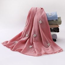 新款珍珠雪纺单头花朵烫钻钉珠围巾回族纱巾 中东非洲 头巾 hijab