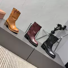 High-end MIU* 2025 Fall/Winter New Arrival Distressed Two-Ear Block Heel Pull-On Ankle Boots Women's Buckle Stack Boots