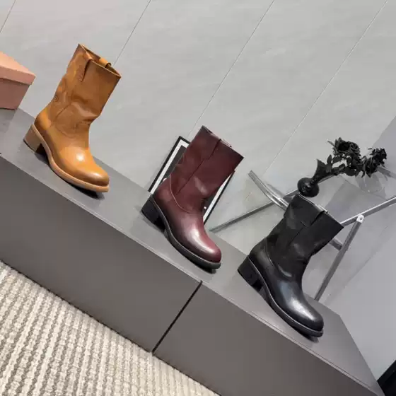 High-end MIU* 2025 Fall/Winter New Arrival Distressed Two-Ear Block Heel Pull-On Ankle Boots Women's Buckle Stack Boots