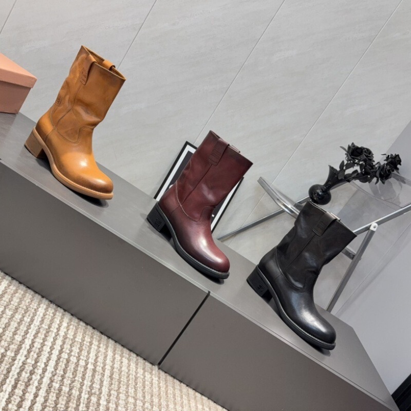 High-End Miu* 2025 Autumn and Winter New Color-Washed Vintage Double-Ear Chunky Heel Slip-On Versatile Ankle Boots, Bare Boots, Slouch Boots for Women High-End Miu* 2025 Autumn and Winter New Color-Washed Vintage Double-Ear Chunky Heel Slip-On Versatile Ankle Boots, Bare Boots, Slouch Boots for Women