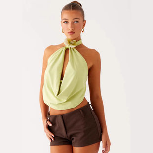 European and American trendy solid color floral sleeveless neck halter for women 2025 summer new backless design streamer short top