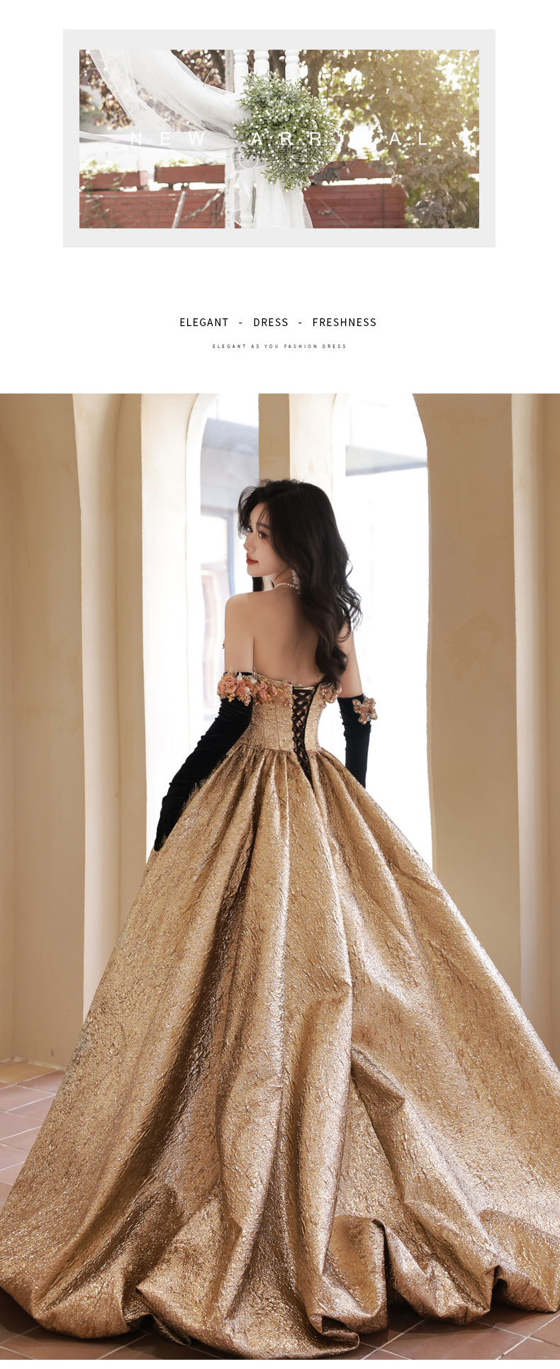 Đầm dạ hội ôm body dáng dài, thiết kế cổ V sâu, tay sát nách, phong cách vintage — Vàng Qidi (không bao gồm găng tay), Màu vàng cộng với găng tay chi tiết 10