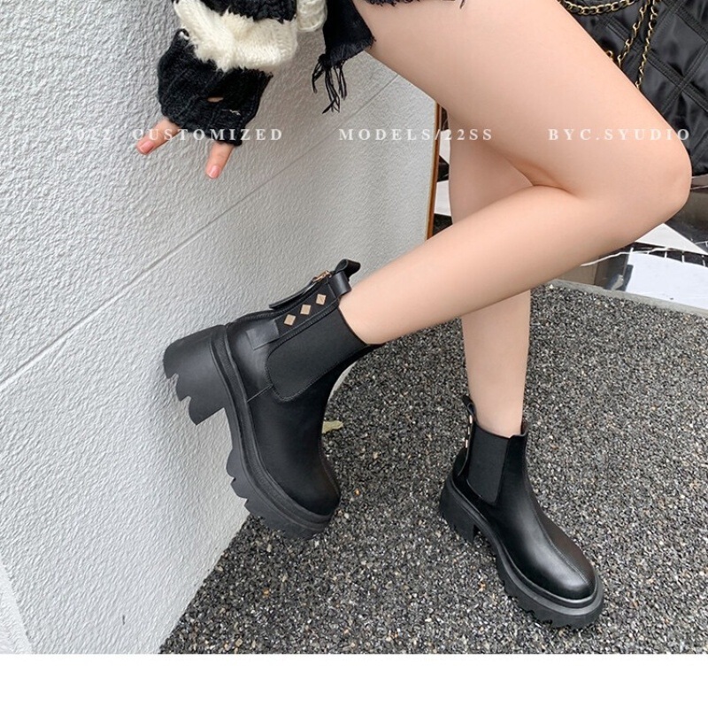 [Ran Jie Broken Size Clearance] Cowhide Thick-Sole Smoke Boots British Style Retro Thin Boots Women's Chelsea Boots