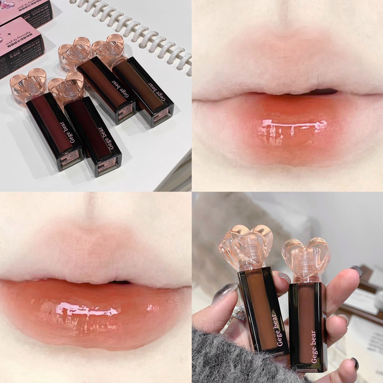 Gegebear dulce esmalte labial de agua de color, esmalte labial húmedo, espejo de agua, maquillaje y color, no es fácil de tocar la taza, brillo labial tierno