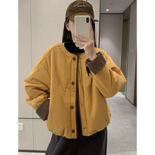 撒野菜菜推荐秋冬新款圆领短款拼色棉服女小个子时尚百搭休闲保暖