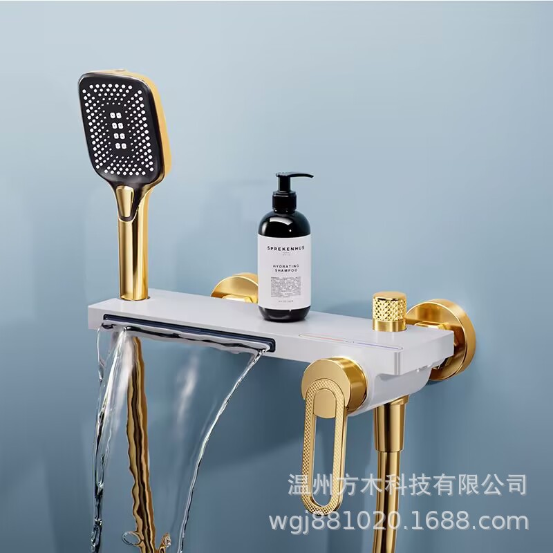 Gun gray brushed gold, silver, black, white and copper, large flow flat waterfall water outlet, cold and hot shower head, lift bathtub faucet Specification drawing