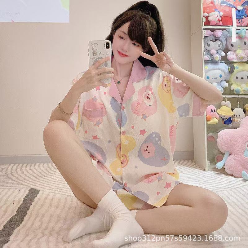 云朵棉短袖睡衣女夏季简约桃心印花夏天可外穿家居服套装跨境批发|undefined