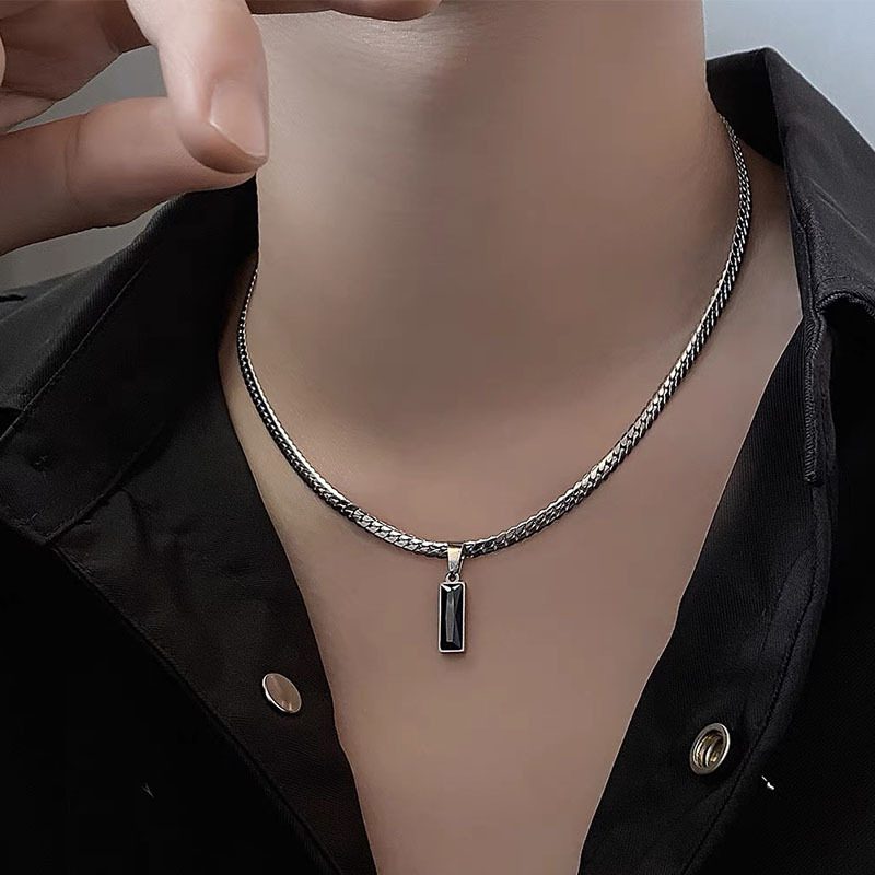 Titanium Steel Non-Fading Black Zircon Pendant Embossed Snake Bone Necklace Ins Men's Trendy Simple Versatile Clavicle Chain Titanium Steel Non-Fading Black Zircon Pendant Embossed Snake Bone Necklace Ins Men's Trendy Simple Versatile Clavicle Chain