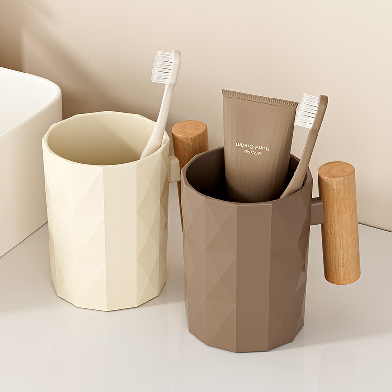 Taza de enjuague bucal para uso doméstico, baño, taza de cepillo de dientes de viento crema, mango de madera simple engrosado, taza de enjuague bucal para parejas