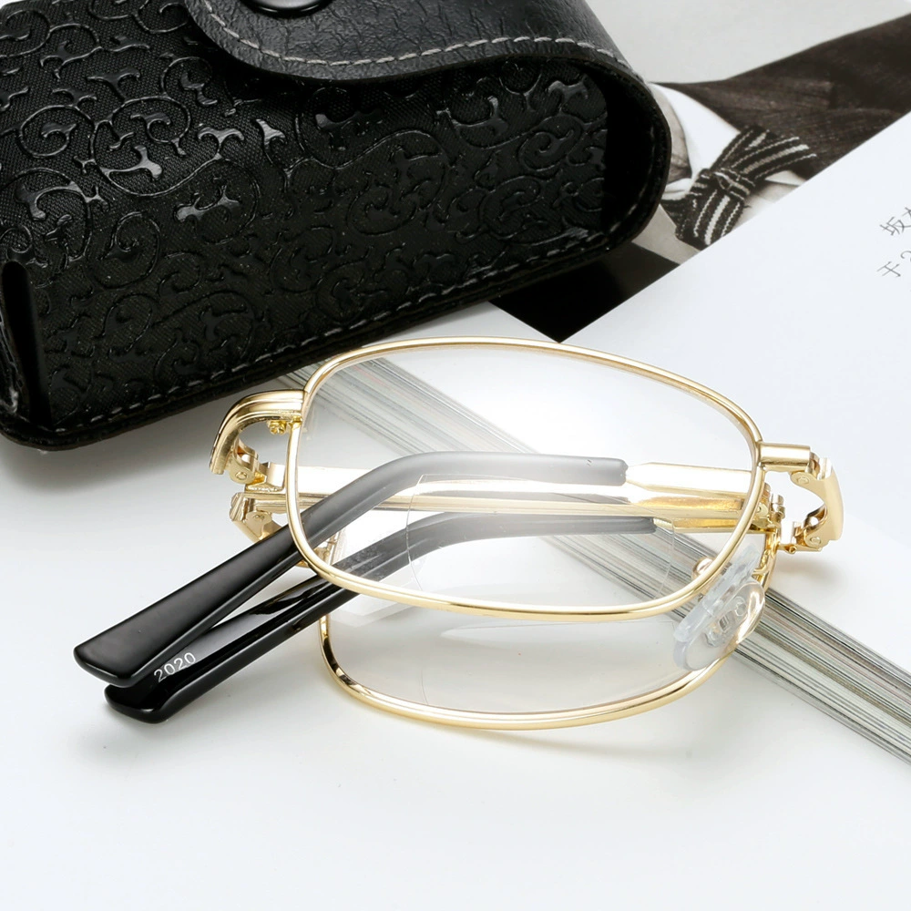 Metal frame men and women folding portable box anti-blue light reading glasses long and near dual-use dual-light presbyopia mirror multi-focus