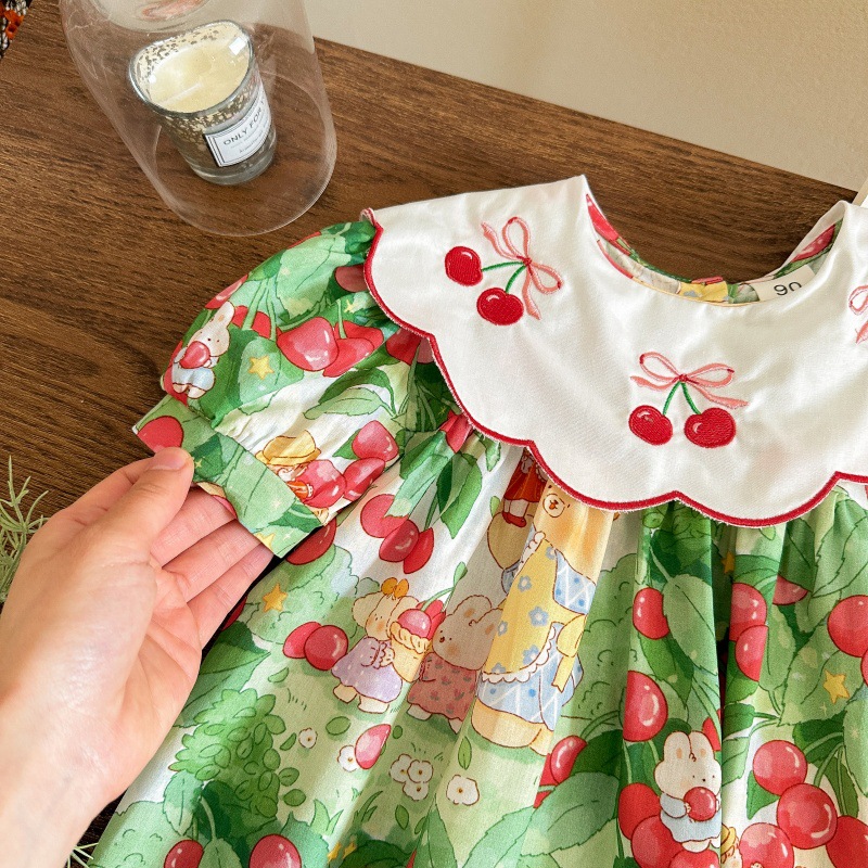 Vestido de siete niñas con limón salado, cuello de muñeca bordado de cereza, estilo de verano, manga corta, dulce falda de princesa para niños, vestido de bebé