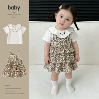 婴幼儿夏季新款卡通娃娃领短袖女宝洋气时髦豹纹荷叶边吊带连衣裙