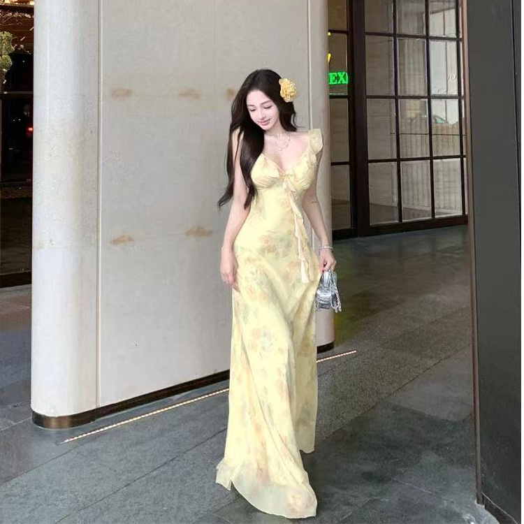 Yellow Printed Suspender Dress for Women Summer French Ruffled Small Flying Sleeve Skirt Waist-Cinching Fairy-Like Long Skirt