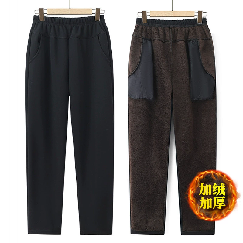 Теплые хлопковые брюки для мам, женские брюки больших размеров, осенне-зимние однотонные утолщенные брюки для бабушек среднего и пожилого возраста на флисовой подкладке, верхняя одежда