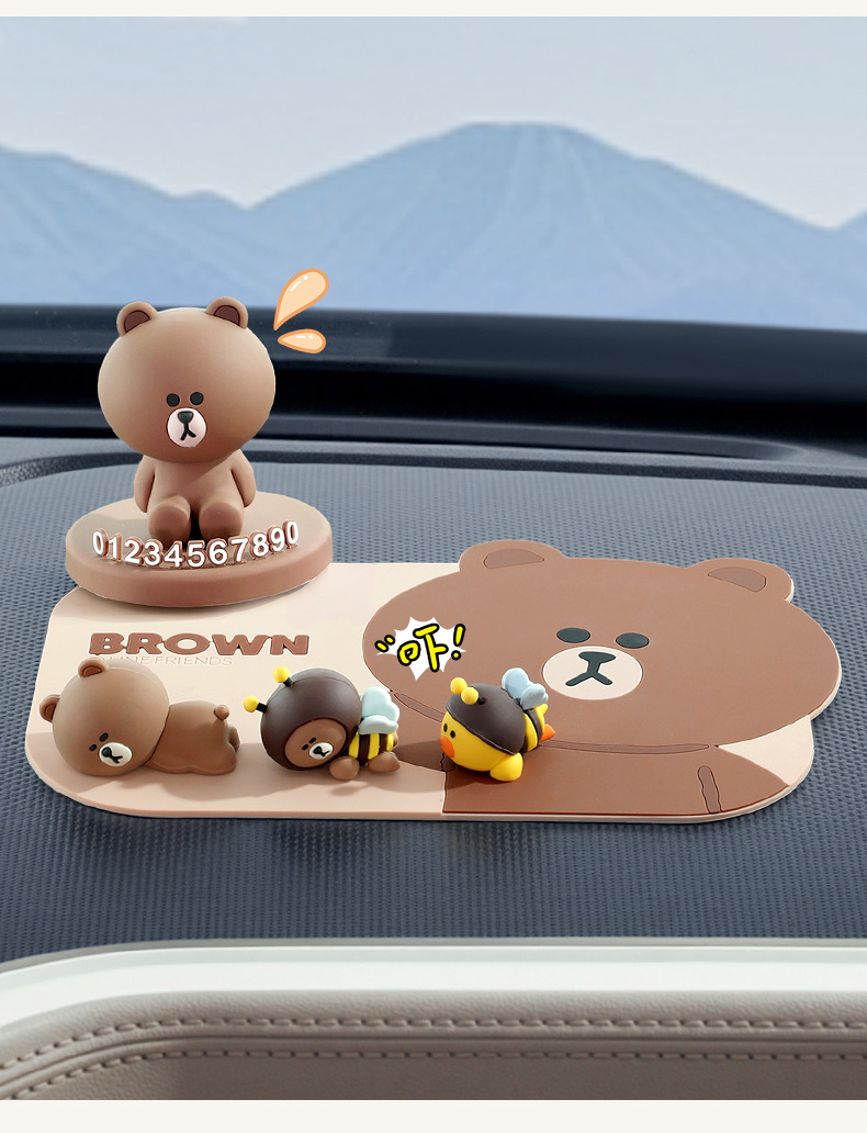Brown Bear Car Anti-Slip Mat Cartoon Mat Car Interior Decoration Creative Dashboard Phone Holder Waterproof