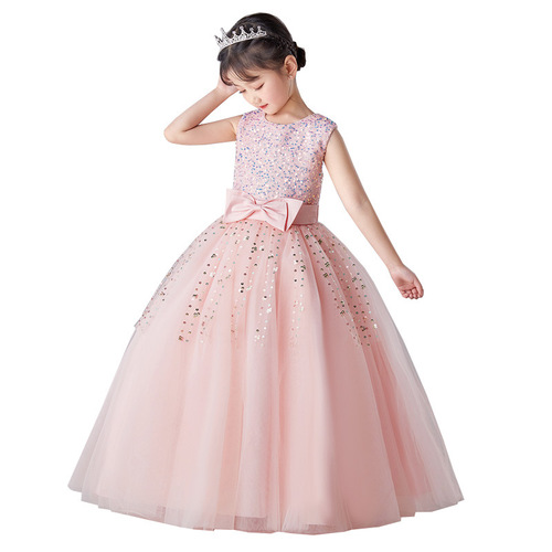 Girls dress sleeveless long sequined bow dress tutu skirt princess dress performance dress evening dress