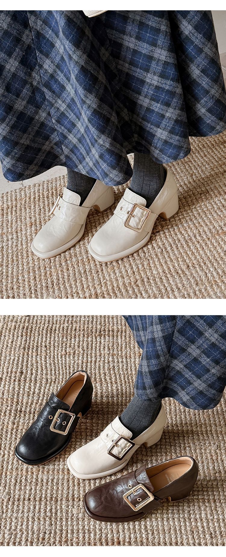 Giày cao gót nữ loafer da cừu gót vuông 7 cm — màu nâu chi tiết 23