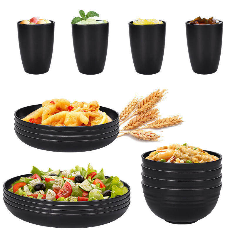 Temu Cross-Border Hot-Selling Black Wheat Straw Dinnerware Set 16-Piece Plastic Bowls and Plates, Can Be Labeled on Behalf of the Buyer Temu Cross-Border Hot-Selling Black Wheat Straw Dinnerware Set 16-Piece Plastic Bowls and Plates, Can Be Labeled on Behalf of the Buyer